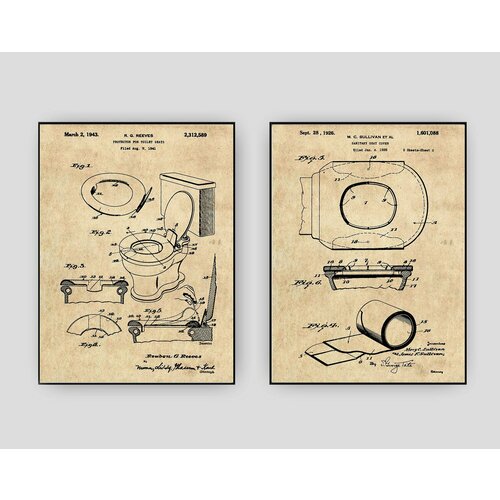 Набор постеров со старинными патентами для туалета размер А3, без рамы. 2 репродукции винтаж патентов 1926 г. для ванной комнаты и в подарок на новоселье (черный фон)
