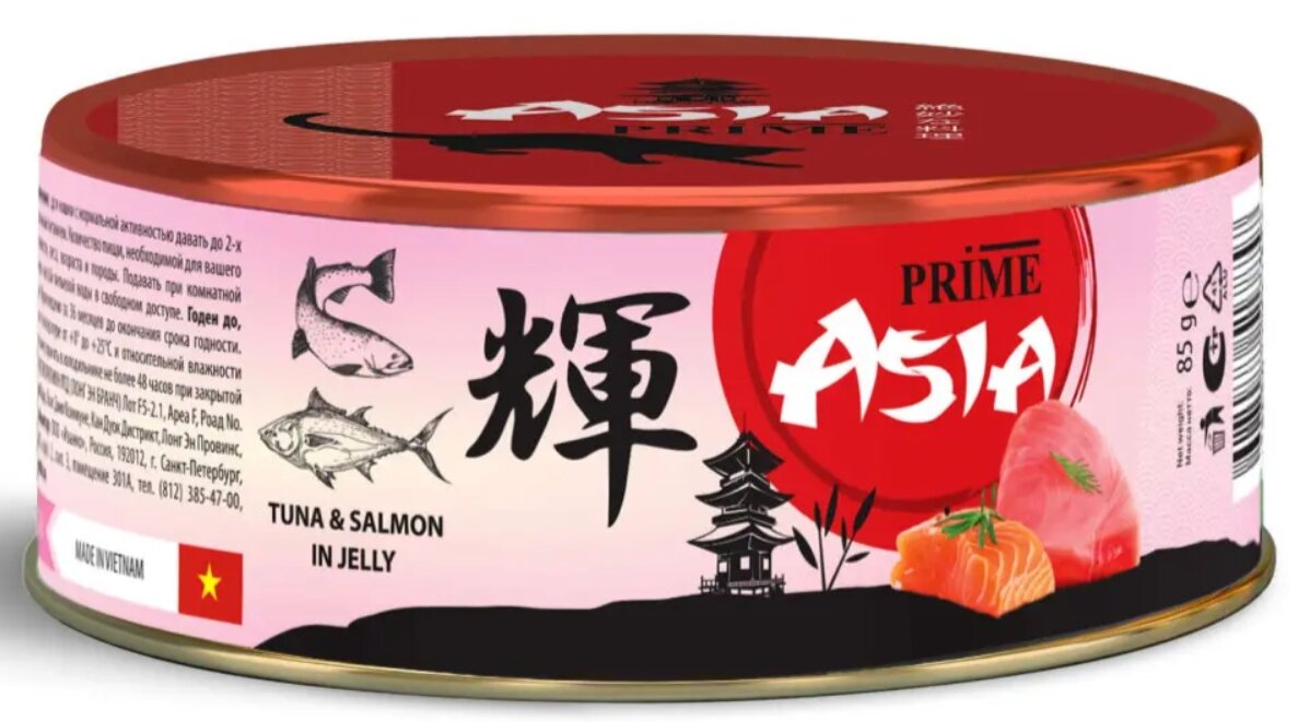 Корм консервированный для взрослых кошек Prime Asia, тунец с лососем в желе, 85 гр