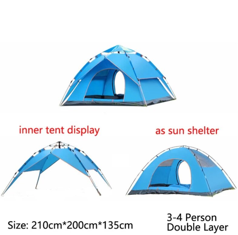 фото Палатка туристическая, самораскладывающаяся, автоматическая с тентом для защиты от солнца темно-зеленая