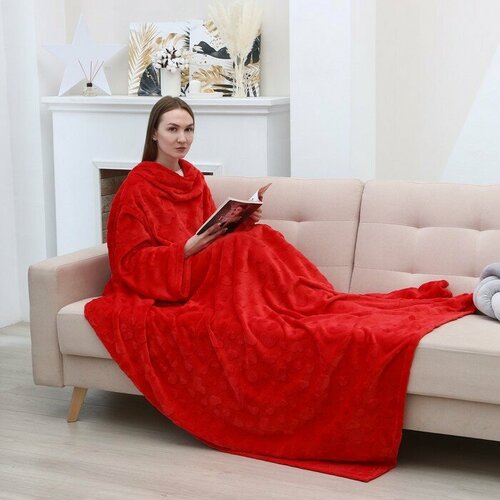 Подарки Плед с рукавами красного цвета с рельефными сердечками в коробке 200 х 150 см 3061₽