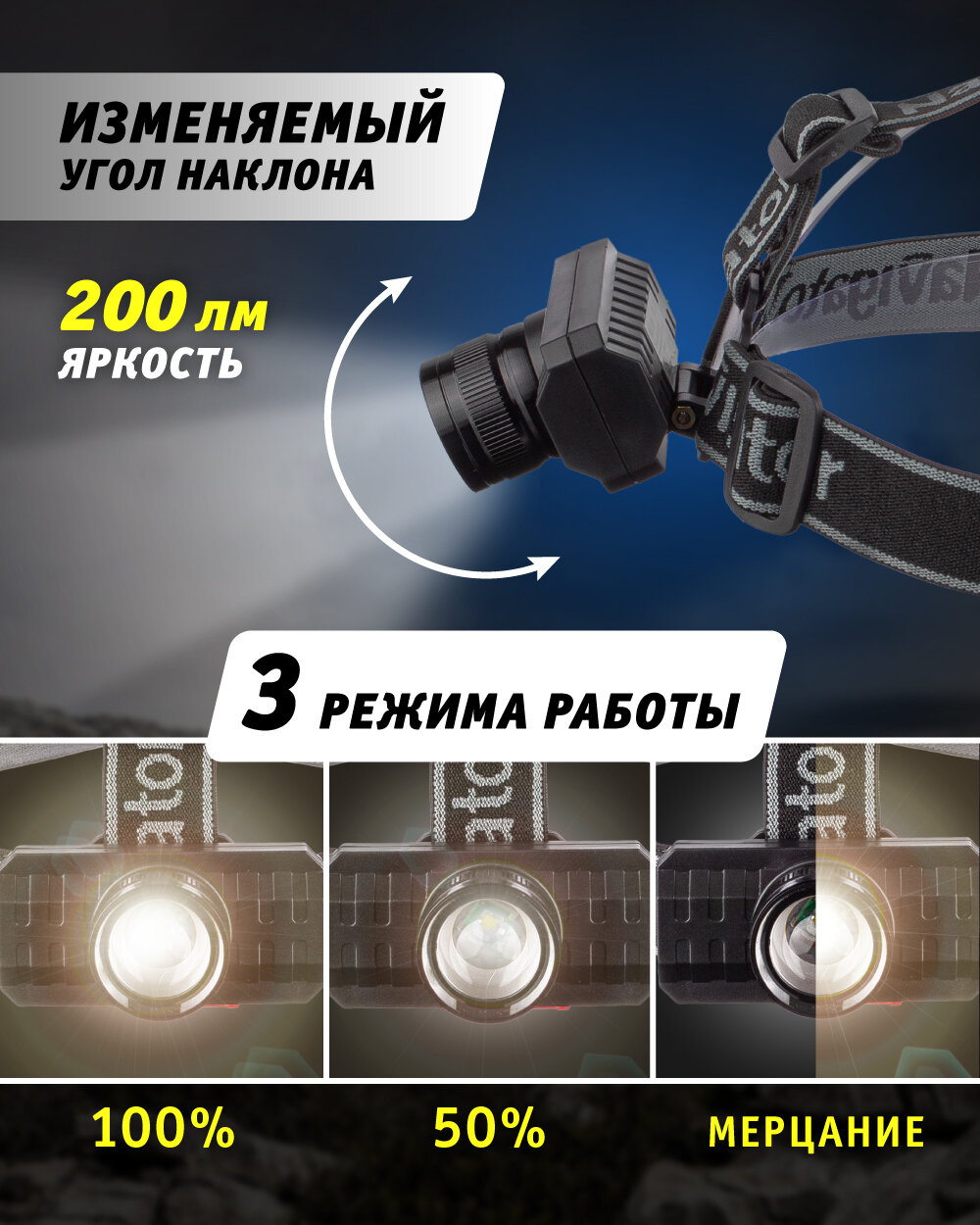 Аккумуляторный налобный фонарь Navigator 93 478 NPT-H28, 3 режима работы, аккум. Li-Ion 1200 мА/ч — фото 1