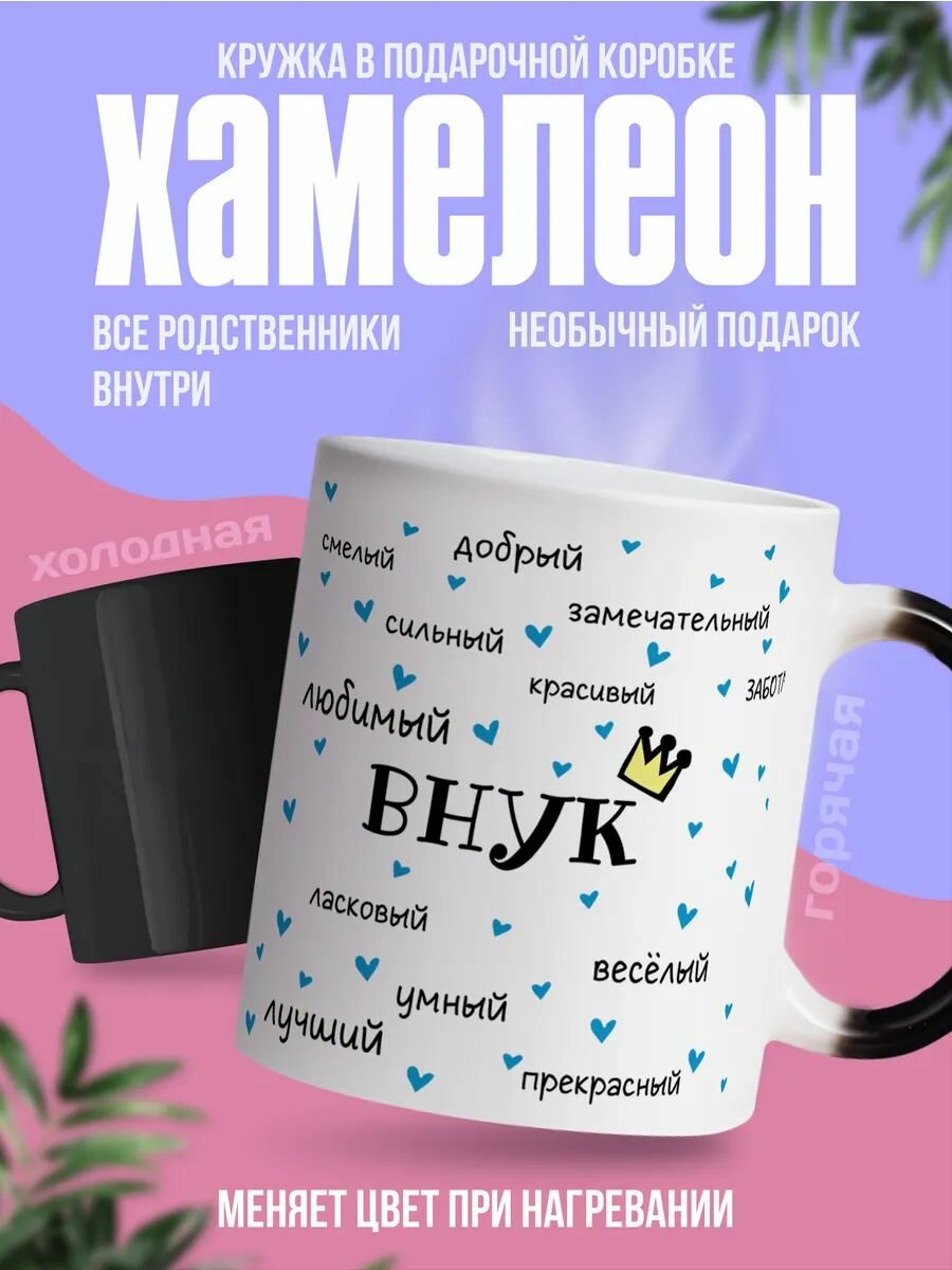 Кружка хамелеон с приколом подарок внуку на день рождения с принтом "Комплименты внуку"