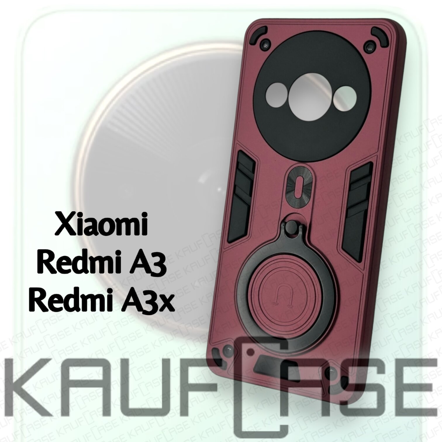 Противоударный чехол на Xiaomi Redmi A3 /A3X (6.71"), бордовый. Кольцо-держатель и магнитное крепление, яркие пластиковые защитные вставки