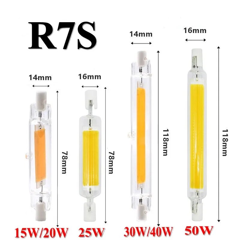 R7S Светодиодная стеклянная трубка 78MM 15W 20W COB Лампа 118MM 30W 40W R7S Кукурузная лампа J78 J118 AC220V 110V Замена галогенной лампы 50W Lampadas 118mm 40W Warm White 220V