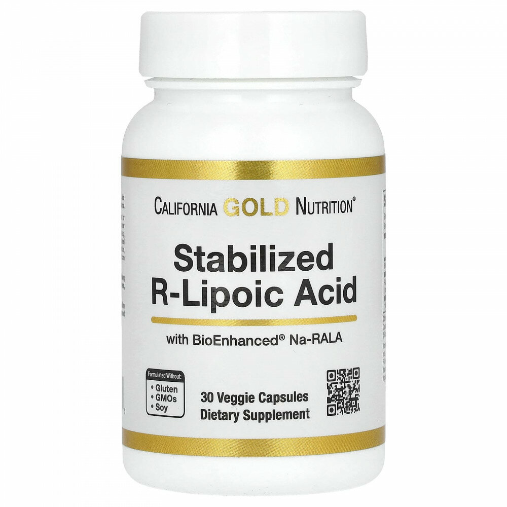 California Gold Nutrition, стабилизированная R-липоевая кислота с биотином, 30 растительных капсул