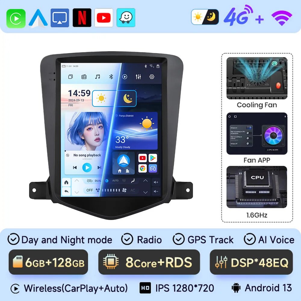 JIUYIN 9,7 "Android 13 Carplay Автомагнитола для Chevrolet Cruze J300 2008 - 2012 мультимедийный плеер 2 din GPS Стерео DVD головное устройство, 4g (6G 128G)
