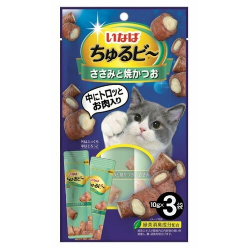 INABA / Инаба корм для кошек и котов лакомство Churu Bee запеченные трубочки куриное филе и тунец Кацуо, 10 г х 3 шт.