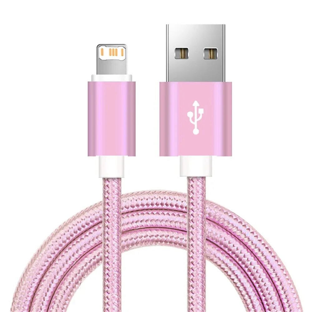 USB-кабель для быстрой зарядки 1 м 2 м 3 м для iPhone X XR XS 11 12 13 14 Pro Max 6S 7 8 Plus нейлоновый плетеный провод кабели для быстрой зарядки и передачи данных Pink 1 м
