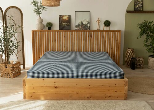 Изображение товара Простынь UTRO из вареного хлопка, Синяя клетчатая, Евро на резинке, 180х200х25