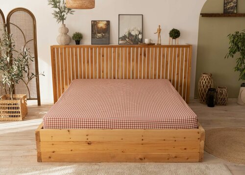 Изображение товара Простынь UTRO из вареного хлопка, Красная клетчатая, Двуспальная на резинке,160х200х25