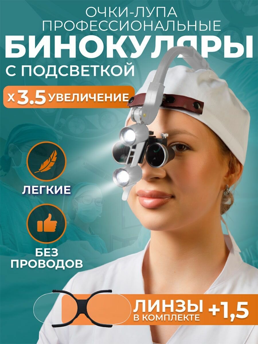 Бинокуляры стоматологические Stomato со светом 3.5х + линзы 1,5 и 2 АКБ в кейсе