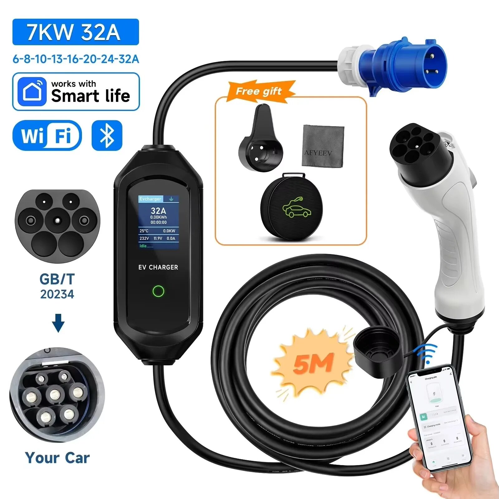 Type2 IEC62196-2 Портативное зарядное устройство для электромобилей 7 кВт 32 А Type1 J1772 Кабель для быстрой зарядки EVSE GBT 20234 Разъем CEE Приложение WiFi Управление Bluetooth, GBT 5M