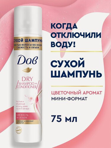 Изображение товара ДАВ Сухой шампунь для волос женский и мужской, для объема темных и светлых волос, 75 мл