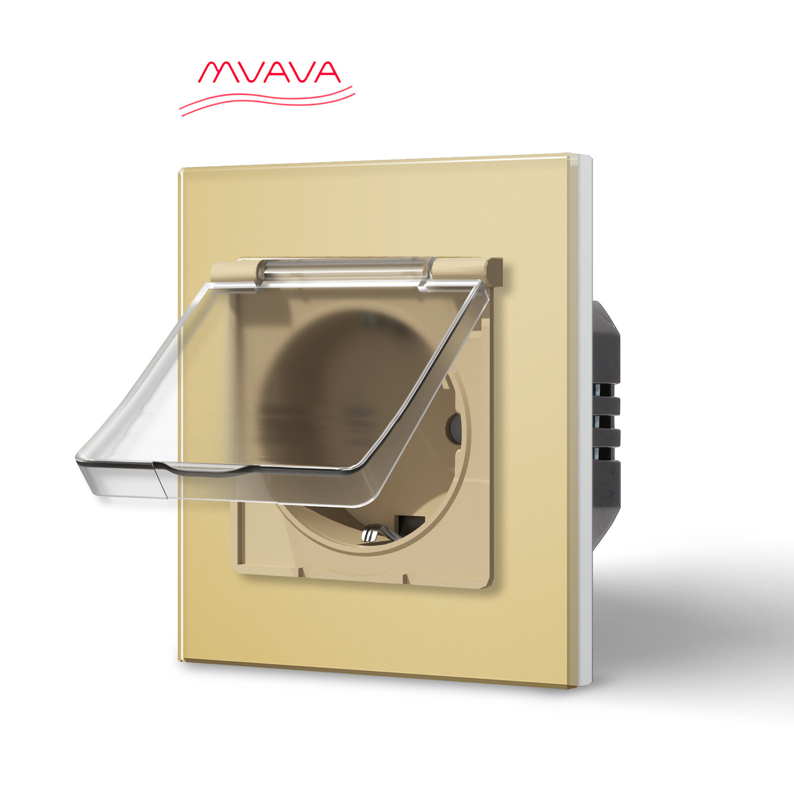 Розетка влагозащищенная с крышкой, 1 пост, рамка 86х86мм стекло, цвет золотой