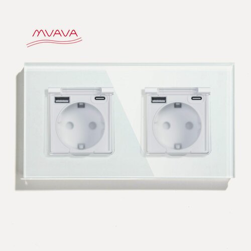 Изображение товара Розетка c крышкой, Usb/Type-C 2 пост 16А рамка 157х86мм стекло, цвет белый