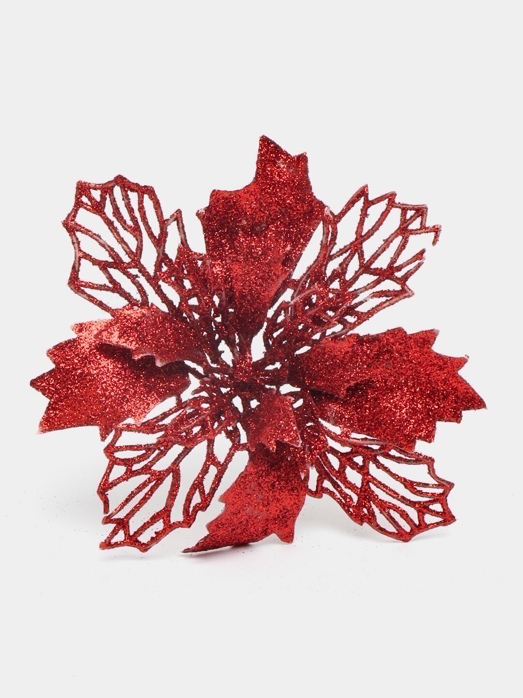 Украшение елочное, цветок Пуансеттия ажурная с блестками, 15 см красный