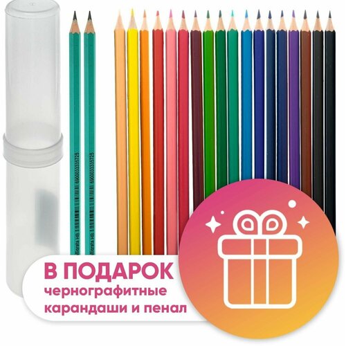 Карандаши 18 цветов Calligrata, эконом, заточенные, шестигранные, пластиковые, пенал-тубус и 2 чернографитных карандаша с ластиком в подарок
