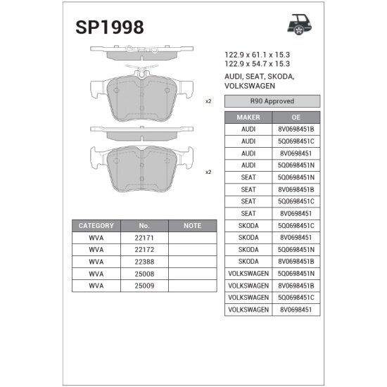 Колодки тормозные задние Sangsin Brake для VAG A3/Superb III/Golf VII/Passat B8, 4 шт