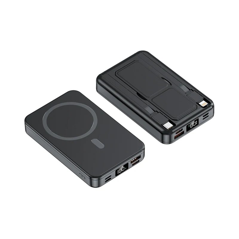 Магнитный PowerBank 10000 мАч с беспроводной зарядкой Magsafe для iPhone 16/15/14/13/12 / Быстрая зарядка 22.5W / LED дисплей / два встроенных кабеля Type C и Lighting — фото 1