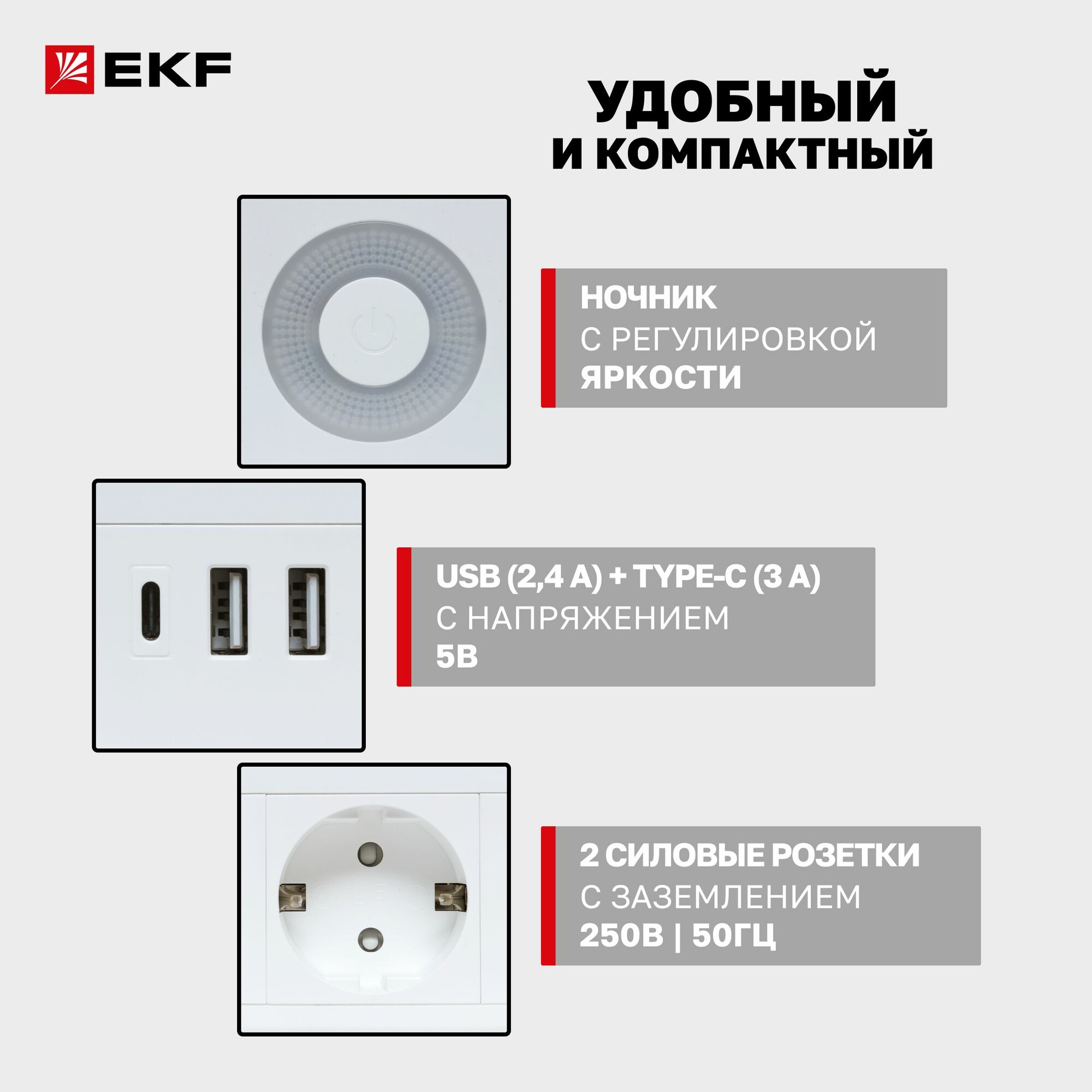 Тройник для розетки EKF "Куб" 2 гнезда, 2 х USB 2,4А + Type C + Ночник — фото 1
