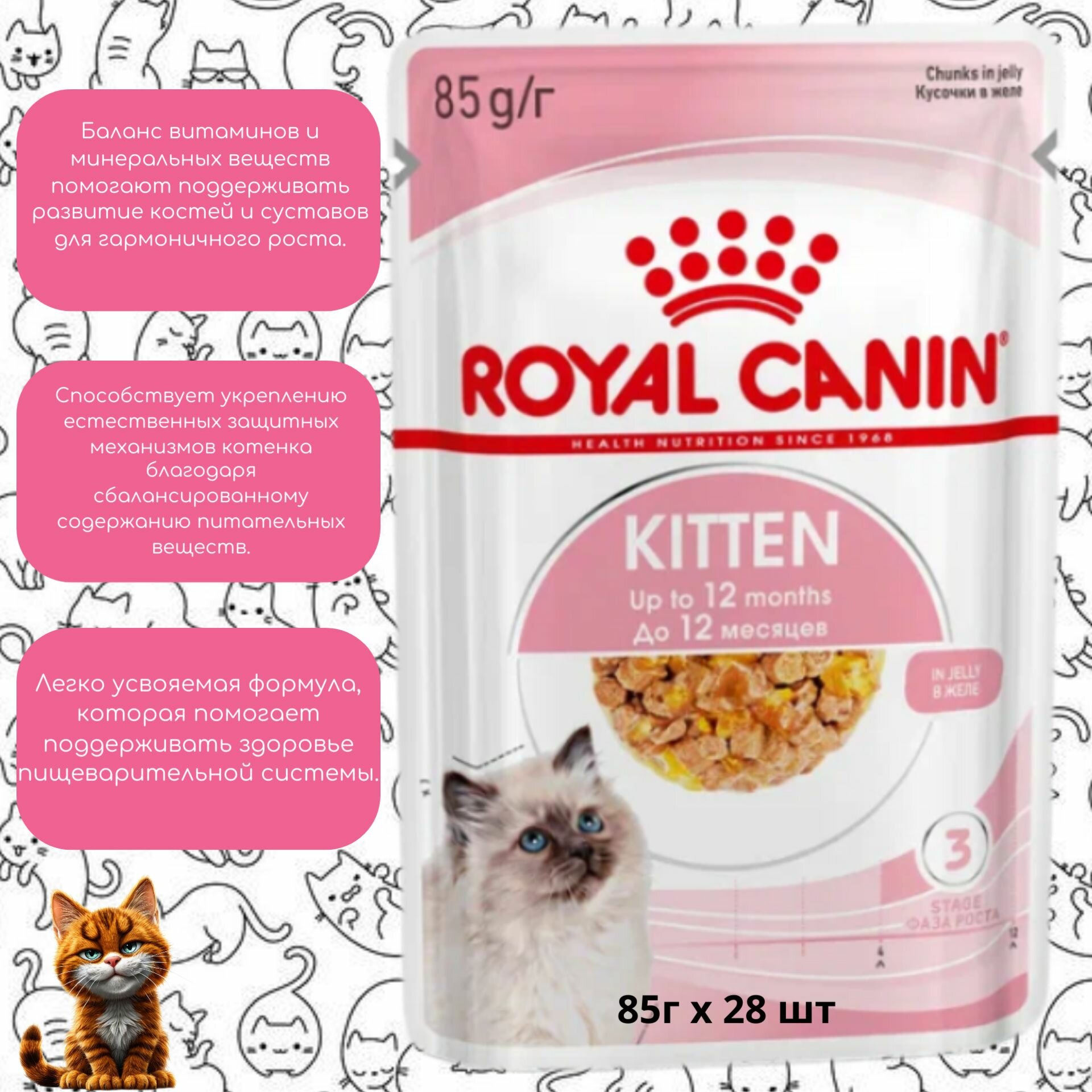 Влажный корм для котят в возрасте до 12 месяцев Royal Canin Kitten, мелкие кусочки в желе 85г х 28