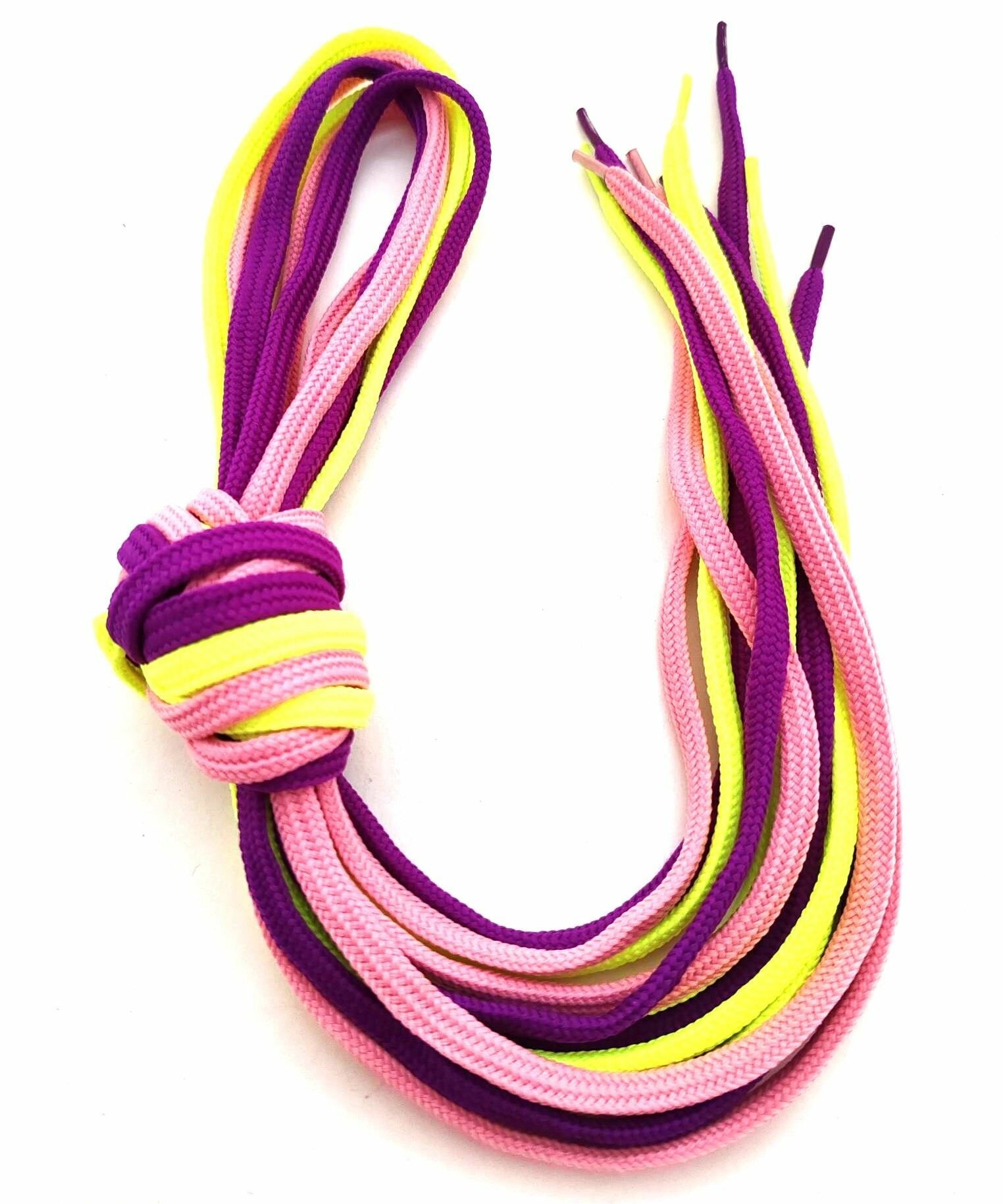 Шнурки плоские 120 см, 3 пары, цвета: розовый, фиолетовый, люминисцентный желтый