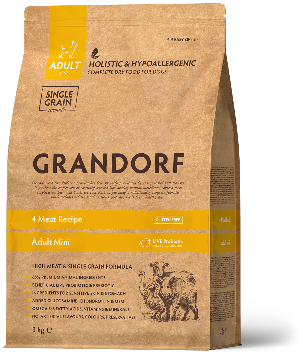 Сухой корм Grandorf (Грандорф) для собак мелких пород Adult Mini Living Probiotics 4 Meat & Brown Rice 4 Мяса и Рис 3кг