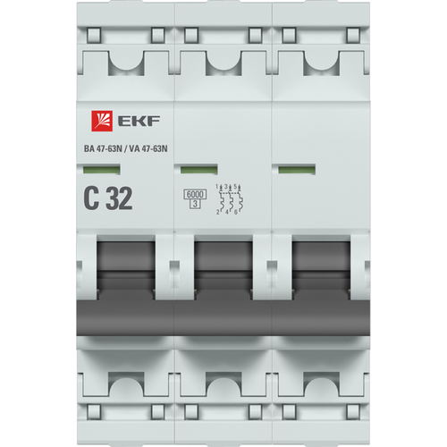 Выключатель автоматический 3п C 32А 6кА ВА 47-63N PROxima | код. M636332C | EKF (8шт. в упак.)