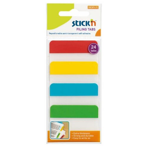Набор из 24 штук Закладки самоклеящиеся разделители пластиковые Stick`n 21608 38x51мм 4 цвета в упаковке 6 листов с цветным краем европодвес