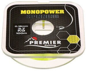 Леска Preмier fishing MONOPOWER Spinning, диаметр 0.18 мм, тест 3.7 кг, 100 м, флуоресцентная желтая