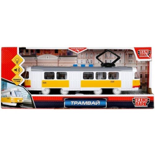 Модель Трамвай, 21,5 см, 3 кнопки, свет-звук, инерция, цвет жёлтый модель трамвай 18 см синяя металл инерция свет звук технопарк ct12 463 2 bl wb