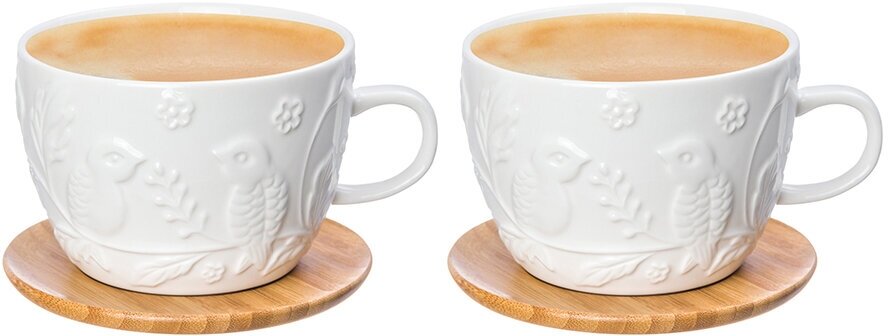 Чашка / кружка для капучино и кофе латте 500 мл 14х11,2х8 см Elan Gallery Птички на ветке на деревянной подставке, 2 штуки