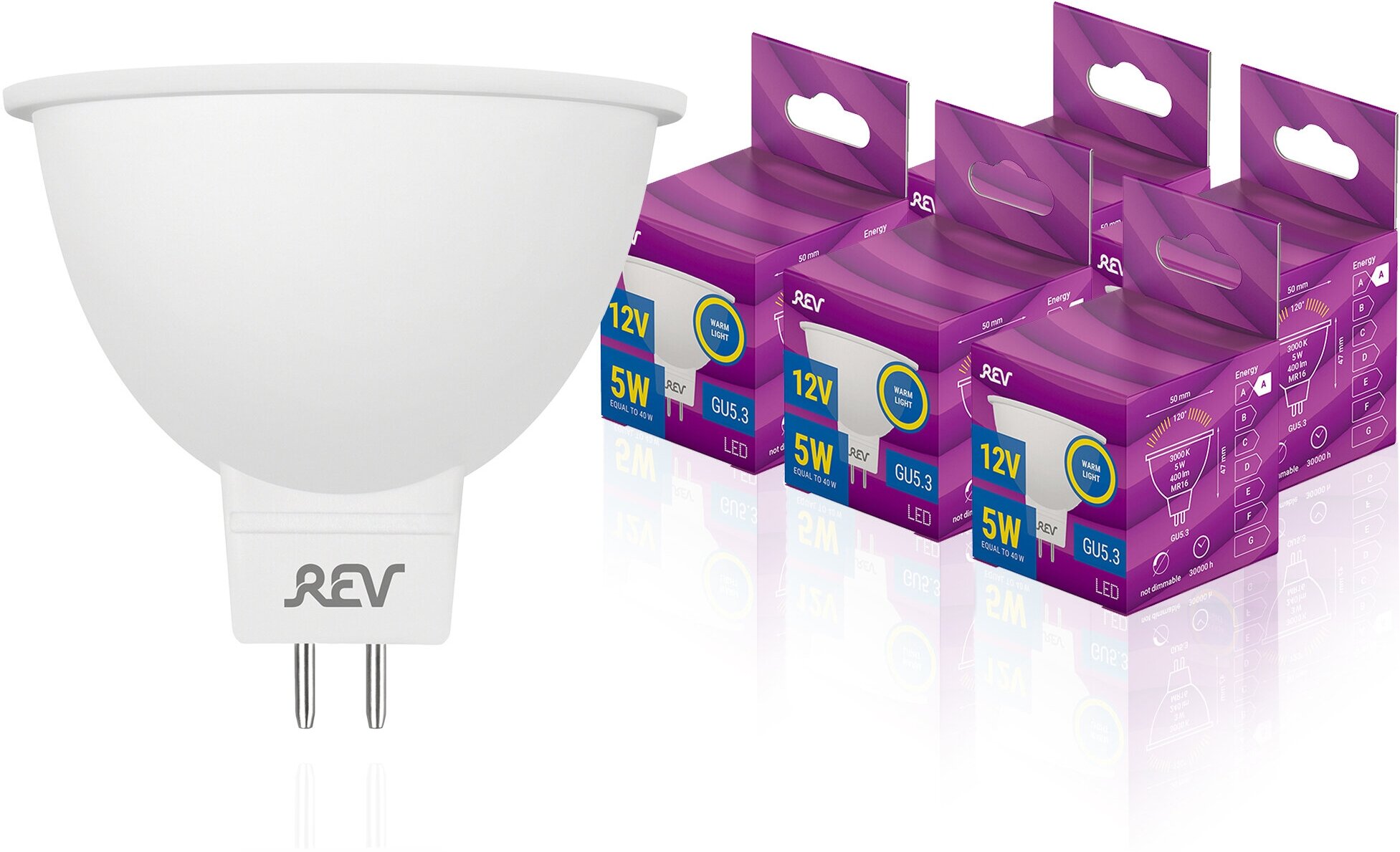Упаковка светодиодных ламп 5 шт REV 32371 6, 3000K, GU5.3. MR16, 5 Вт, 12V
