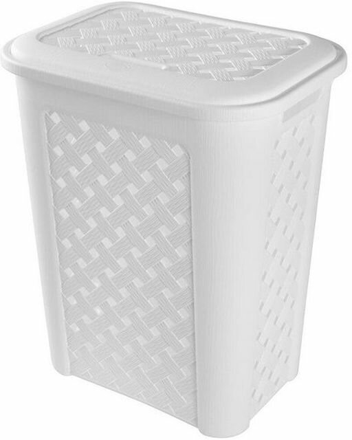 Плетеная корзина для белья белая в ванную с крышкой пластик - фотография № 4