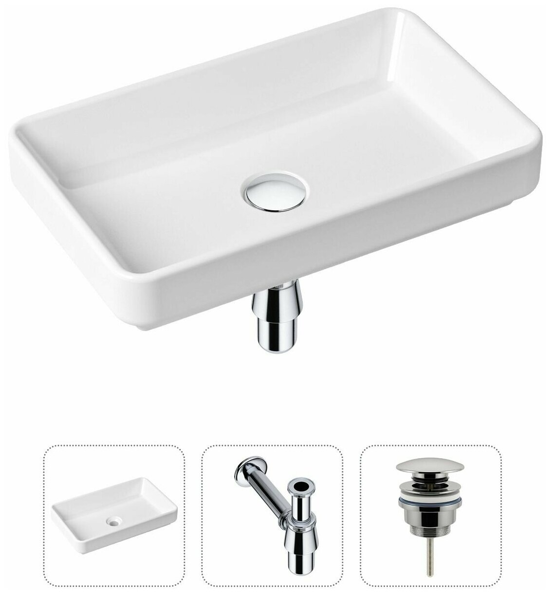 Комплект 3 в 1 Lavinia Boho Bathroom Sink 21520112: накладная фарфоровая раковина 55 см, металлический сифон, донный клапан