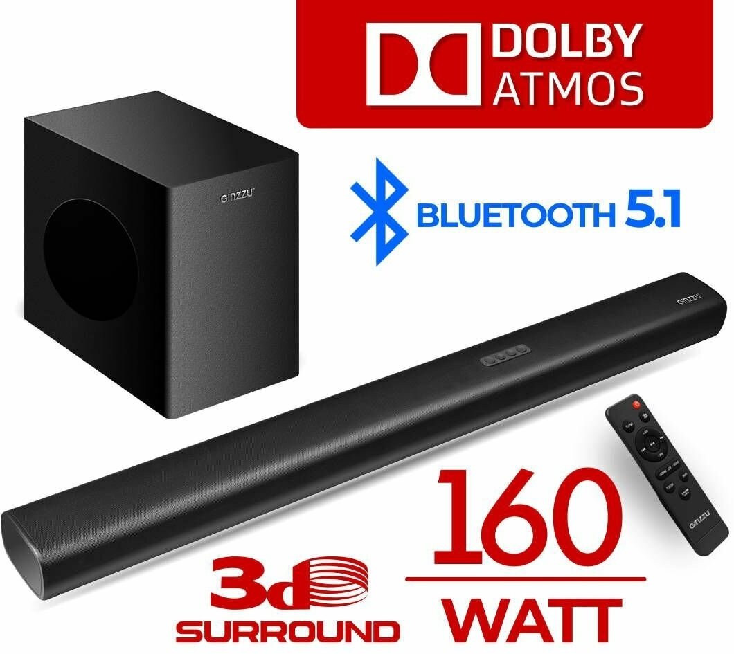 Cаундбар 3.1.2 Dolby Atmos с беспроводным сабвуфером Ginzzu GM-515