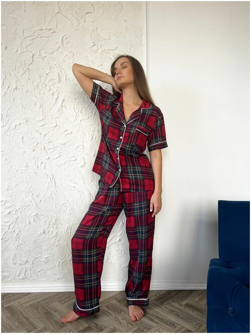 Пижама OLIVERA Homewear, блуза, брюки, короткий рукав, карманы, пояс на резинке, размер L, красный