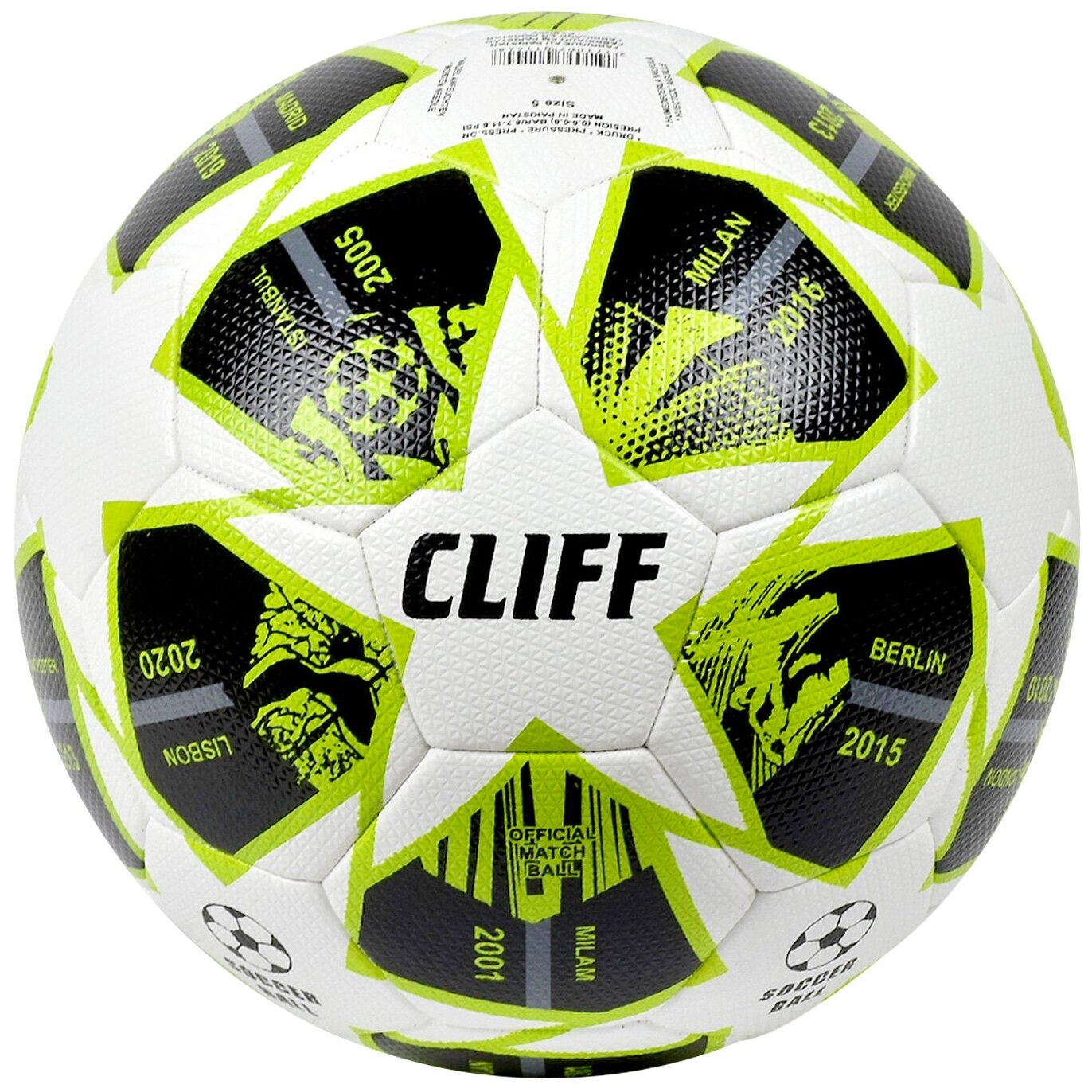 Мяч футбольный CLIFF 3232, 5 размер, PU Hibrid, бело-зелено-черный