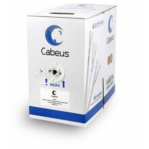 Кабель витая пара Cabeus UTP-4P-Cat.5e-SOLID-LSZH-WH UTP (U/UTP), категория 5e, 4 пары (24 AWG), одножильный, белый, LSZH витая пара awg 24 кат 5e cabeus utp 4p cat 5e solid gn 4 пары зеленая 100м