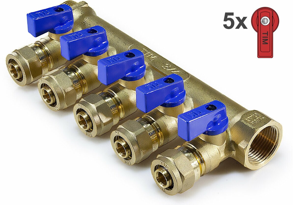 Коллектор с шаровыми кранами и цангами 16х3/4" TIM, 5 выходов (красные и синие ручки в комплекте) арт. 200-3/4(5)