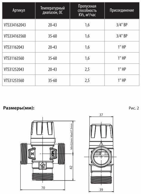 Клапан термостатический Wester, 3-ходовый 3/4, Kvs 1,6 20-43 ВР VTS3 (0-04-2050) - фотография № 3