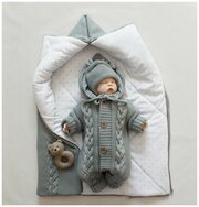 Зимний вязаный детский комплект на выписку, 3 предмета, смесовая пряжа 30% шерсть, MAMINY ZAPISKY, 62 размер (0-3мес), цвет серый