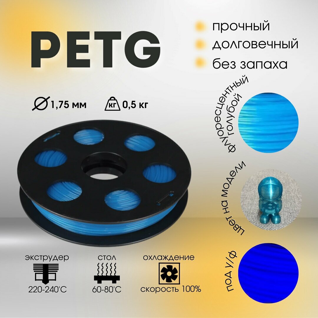 PETG Флуоресцентный Голубой 500 гр. 1.75 мм пластик Bestfilament для 3D-принтера