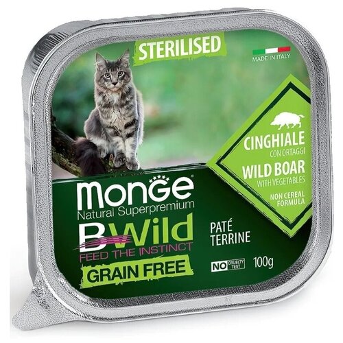 Monge Cat BWild GF влажный корм для стерилизованных кошек, беззерновой, мясо кабана (32шт в уп) 100 гр monge cat bwild grain free полнорационный влажный корм для стерилизованных кошек беззерновой паштет с кабаном и овощами в ламистерах 100 г