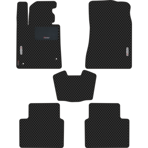 Автомобильные коврики EVA для Kia K5 III (2020-н/в), с каучуковым подпятником и 2 эмблемами Kia, чёрные с чёрным кантом, ячейка - ромб