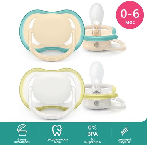 Пустышка Philips Avent ultra air SCF085/15 с футляром для хранения и стерилизации, 2 шт, 0-6 мес