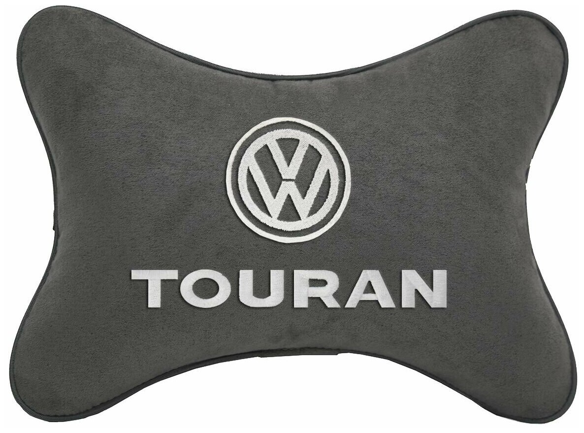 Автомобильная подушка на подголовник алькантара D.Grey с логотипом автомобиля VOLKSWAGEN TOURAN