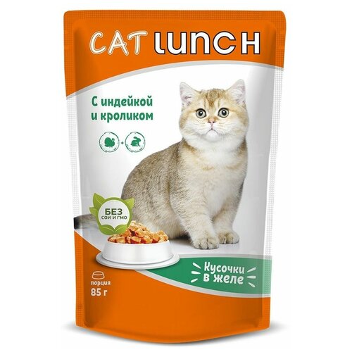 Влажный корм для кошек Cat Lunch индейка и кролик 24 шт. х 85 г (кусочки в желе)