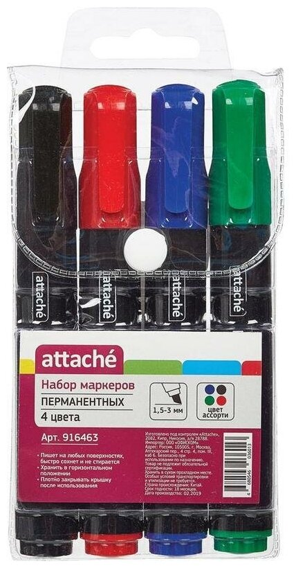 Набор перманентных маркеров Attache (1.5-3мм, скошенный наконечник, 4 цвета) 4шт, 24 уп.