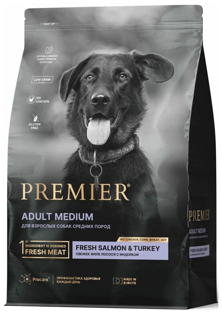 Premier Dog Salmon&Turkey ADULT Medium (Свежее филе лосося с индейкой для собак средних пород) 10 кг